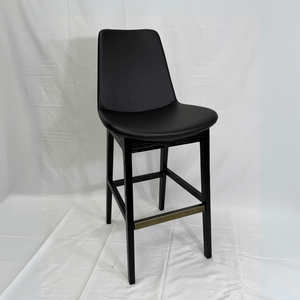 Eiffel HB Black Leather Stool with backrest, black frame and brass footrest.