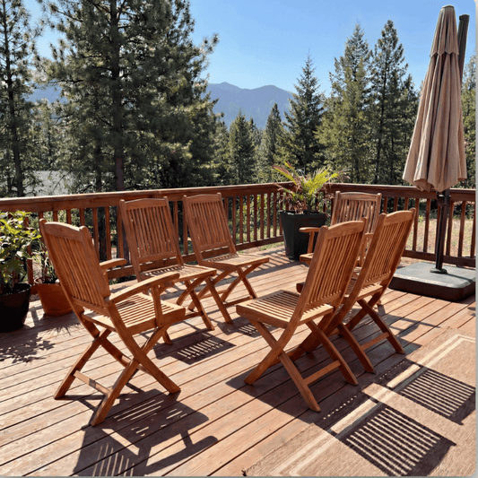 Nardo Teak Outdoor Dining Set with Pedasa Folding Side Chairs and Armchairs - Your Bar Stools Canada