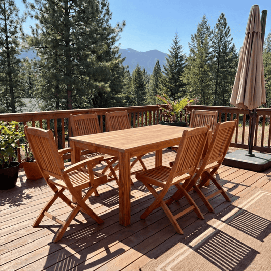 Nardo Teak Outdoor Dining Set with Pedasa Folding Side Chairs and Armchairs - Your Bar Stools Canada