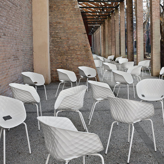 White Outdoor Chairs Uni Plastic Stackable Patio Chairs - Your Bar Stools Canada