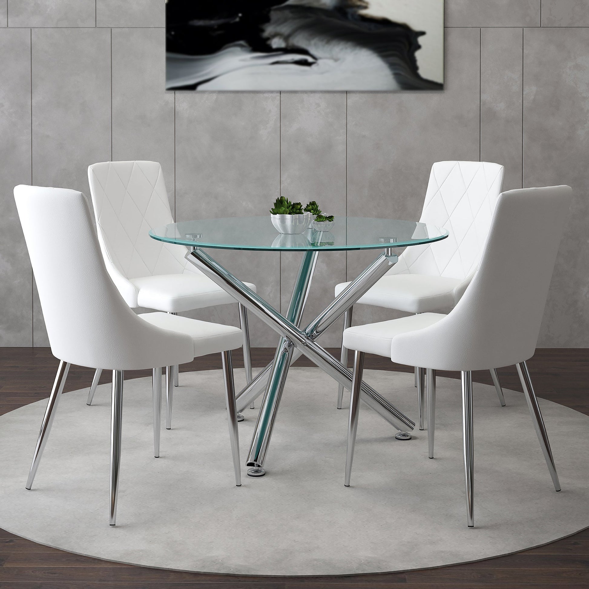 5 Piece Glass Round Dining Set Solara White - Your Bar Stools Canada