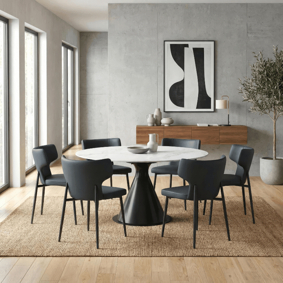 Extendable Round Dining Table Set for 6 | Calisto White Stone Top & Olis Black - Your Bar Stools Canada