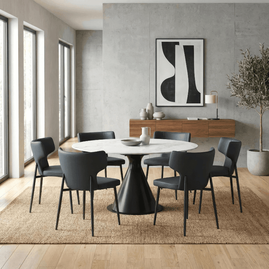 Extendable Round Dining Table Set for 6 | Calisto White Stone Top & Olis Black - Your Bar Stools Canada