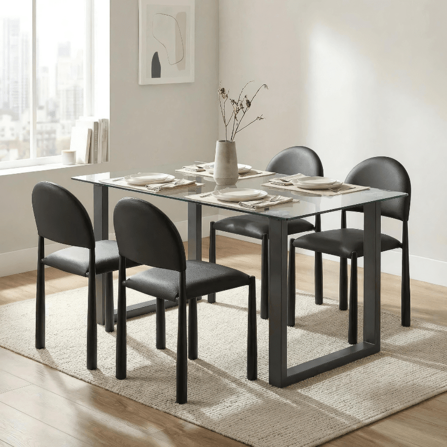 Glass Top Dining Table Set for 4 | Franco with Auggie Black Chairs - Your Bar Stools Canada