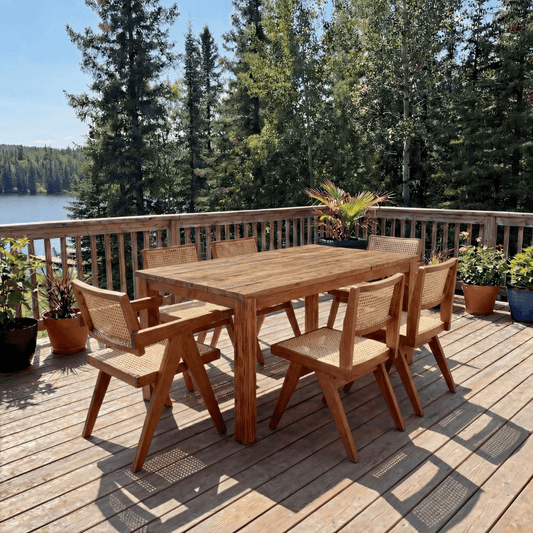 Nardo Teak Outdoor Dining Set with PierreJ Side Chairs and Armchairs - Your Bar Stools Canada