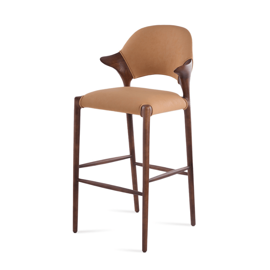 Walnut Mid-Century Modern Bar Stool Almeria Tan with curved backrest and tan leather seat.