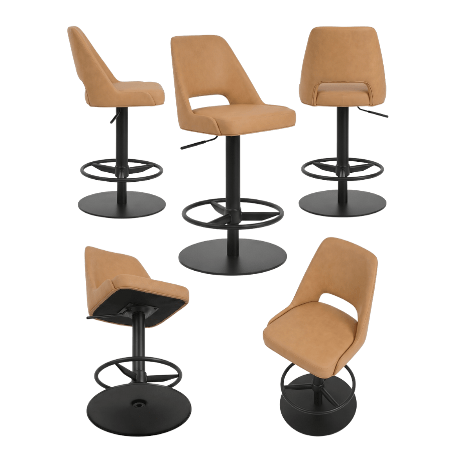 Set of five tan adjustable bar stools Marash with contoured faux leather seats and black pedestal bases.