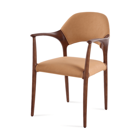 Aalmeria caramel upholstered dining armchair with walnut-finish ash wood frame