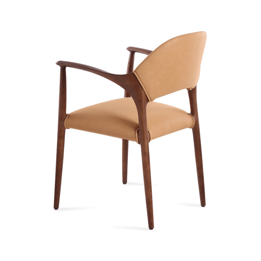 Aalmeria caramel upholstered dining armchair with walnut-finish ash wood frame
