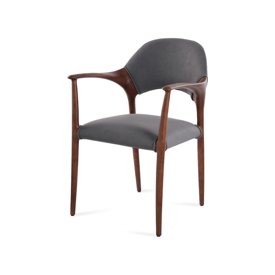 Aalmeria iron grey upholstered dining armchair with walnut-finish ash wood frame