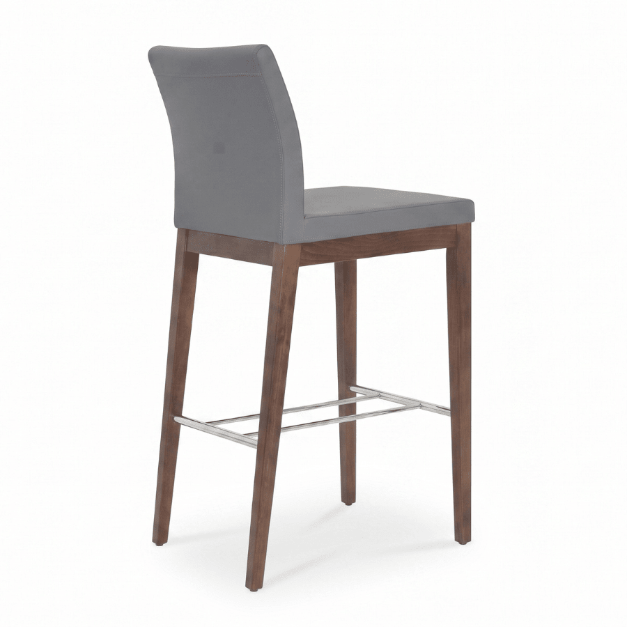 Aria Grey High Back Bar Stool with wood frame and grey upholstered seat.