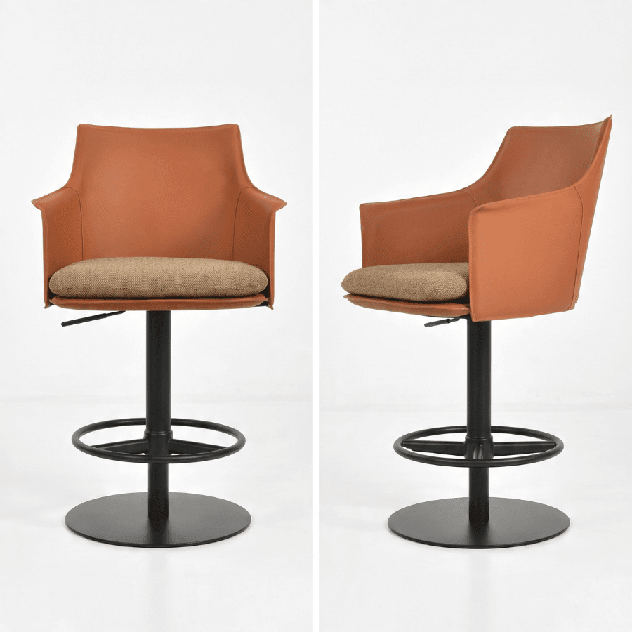 Tan Leather Adjustable Bar Stool with Arms | Briancon Piston - Your Bar Stools Canada