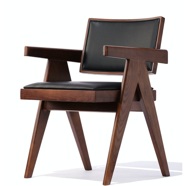 Soho Concept pierre-j-arm-chair-upholstered-noyer-wood-base-faux-cuir-seat-chaise-de-salle-à-manger-en-noir