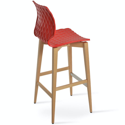 Soho Concept uni-386-industrial-natural-wood-base-polypropylene-seat-kitchen-counter-stool-in-red